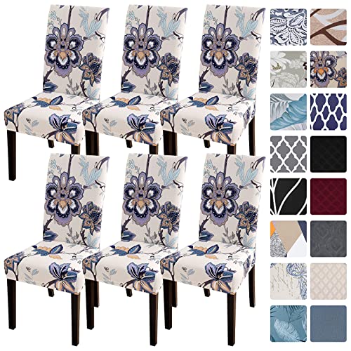 SearchI Fit Stretch Removable Washable Short Dining Chair Covers Slipcover Protector, Spandex Fabric Chair Cover for Dining Room, Hotel, Ceremony - color: Beige+flower, size: Set of 6