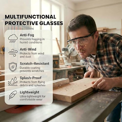 2 Pack Safety Glasses ，ANSI Z87.1 Anti-Fog Anti-Scratch Clear Wrap-Around Lenses Adjustable Temples