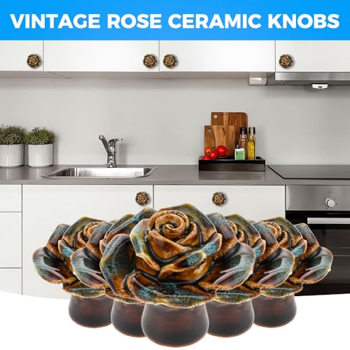Yetaha 6 Pack Blue Retro Floral Ceramic Knobs Single Hole with Screws - color: Blue