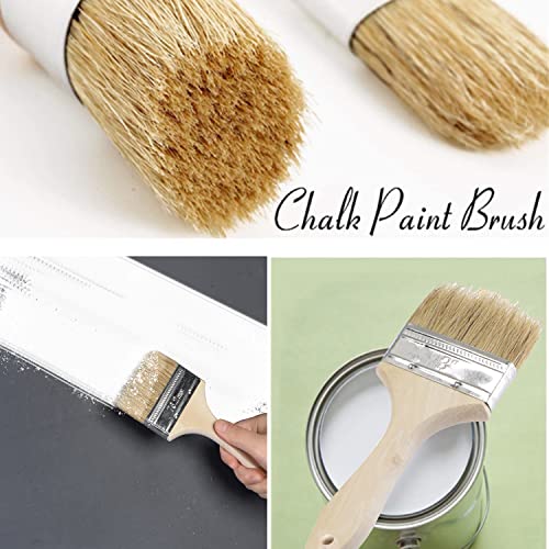 Chalk and Wax Paint Brush Set, Natural Bristle Wood Handle Round and Flat Edge Paint Brushes Multi-use Wax for Furniture Refurbished Cabinets Chairs DIY Home Decor Painting Waxing or Clean(4PACK)