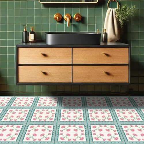 HOMETITUTE Pink Carnation Teal Peel Stick Floor Tile 12x12 Vinyl - color: Pink#1