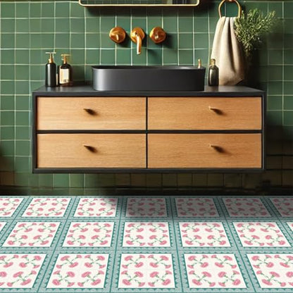 HOMETITUTE Pink Carnation Teal Peel Stick Floor Tile 12x12 Vinyl - color: Pink#1