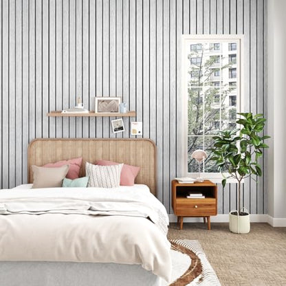 White Grey Wood Panels for Wall Slat Panel Self Adhesive Wood Slat 3D Wall Panels Peel and Stick 11.8"x197" Faux Foam Wooden Walls Panel Removable Modern Wooden Wallpaper for Bedroom Studio - size: 11.8" x 197"