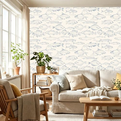 Peel and Stick Wallpaper, Light Blue Line Art Fish Pattern, 236in x 17.7in, Waterproof Vinyl, Removable Reusable, Eco-Friendly, for Bedroom Living Room Rental Apartment - color: Green03, size: 17.7" x 236.2"