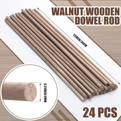 Wenqik 24 Pcs Walnut Dowel Rods 5/16 x 12 Inch Hardwood Stick for DIY Craft - size: 5/16 x 12 Inch