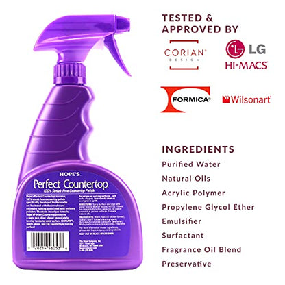 HOPE'S Perfect Countertop Cleaner and Polish - Streak-Free Multi Surface Cleaning Spray - Kitchen Spray for Granite, Quartz, Marble, Stone, Laminate, CORIAN, 22 Fl Oz, Pack of 1 with Microfiber Cloth - style: 22 Fl Oz (Pack of 1 with Microfiber Cloth)