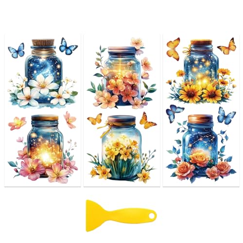 Peacoblue Mason Jar Butterflies Rub On Transfers for Furniture 6"x12" - style: Mason Jar With Flowers Fireflies And Butterflies