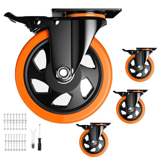5 Inch Swivel Caster Wheels, Heavy Duty Casters Set of 4 with Brake 2600Lbs - color: Orange, size: 5 Inch
