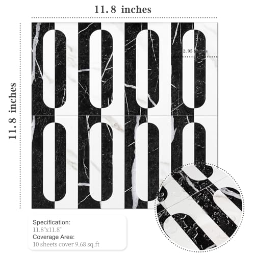 STICKGOO Peel and Stick Backsplash Tiles, 12 x 12 in, White/Black Slate - color: Marble Black+Pure White