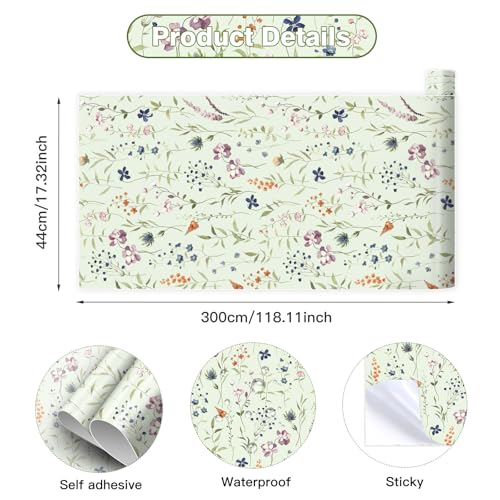 HLNIUC Flower Wallpaper,Floral Wall Papers Self Adhesive,Green Wallpaper Bedroom(44x300cm) Light Green Botanical Wall Paper,Plants Flower Leaf Wallpapers for Cabinets Countertops Covering - color: Flower 3