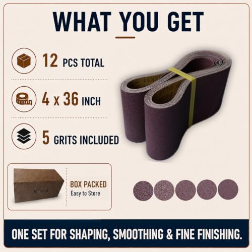 4x36 Sanding Belts, 12 Pack, Aluminum Oxide, 80/120/150/240/400 Grit - size: 4 x 36 in, 12-Pack