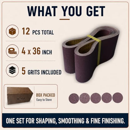 4x36 Sanding Belts, 12 Pack, Aluminum Oxide, 80/120/150/240/400 Grit - size: 4 x 36 in, 12-Pack