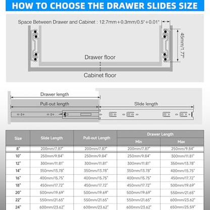 SHUHANG 10 Pair Full Extension Drawer Slides 8 10 12 14 16 18 20 22 24 Inch Ball Bearing Rails 100 lb Load Capacity Side Mount Cabinet Dresser Glides Wardrobe Kitchen Trash Can Slider Runners Silver - size: 8 Inch, style: 10 Pair (Silver)