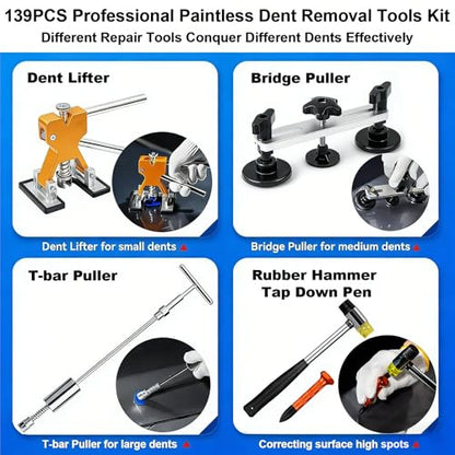Paintless Dent Repair Kit PDR with T-Bar Slide Hammer for Hail Damage - size: Dent Puller Kit-139 Pack