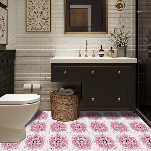 HOMETITUTE Pink Mandala Floral 12x12 Inch Peel Stick Vinyl Floor Tile - style: Pink Mandala