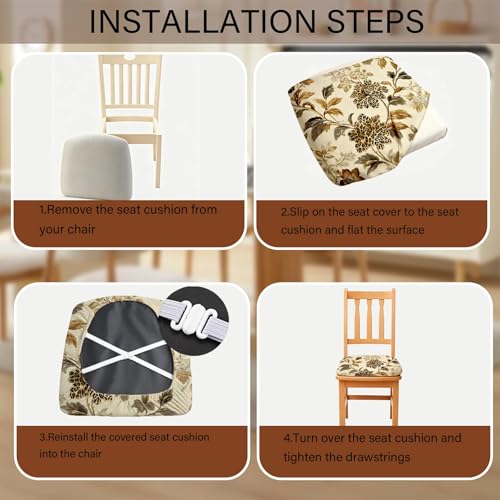 Chair Seat Covers - Waterproof Stretch Printed Dining Room Chair Cover with Elastic Ties Removable Washable Dining Upholstered Chairs Protector (Yellow, Four-Piece Set) - color: Yellow, size: Four-piece set