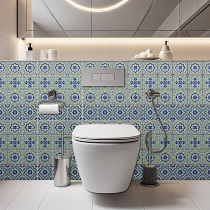 36 Pcs 4 Style Retro Pastoral Pattern Tile Stickers, 4x4inch - color: Blue-green Pattern