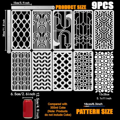 FINGERINSPIRE 9Pcs Geometric Painting Stencils with a Brush 11.8x5.9Inch Infinitely Interlocking Patterns Stencils Pattern Themes PET Template for Wood Floor Tile Wall Fabric Furniture DIY
