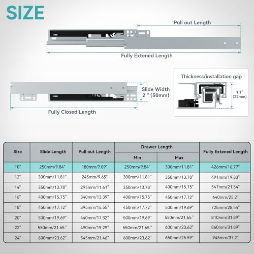 10 Inch Bottom Mount Soft Close Drawer Slides, 88 lbs Capacity - size: 10 Inch