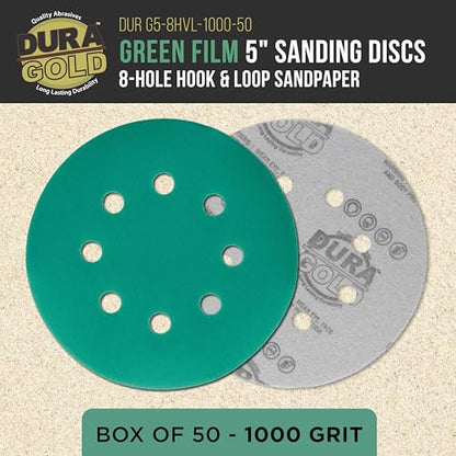 Dura-Gold 5" Green Film Sanding Discs, 1000 Grit, 8-Hole, Box of 50, H & L - style: 1000 Grit