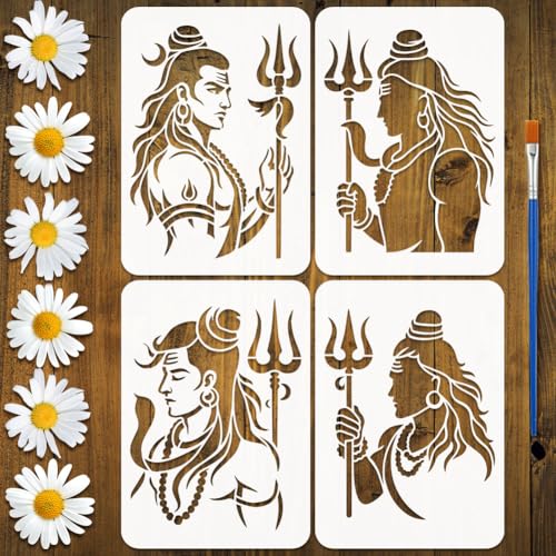 FINGERINSPIRE 4PCS India Shiva Painting Stencil with Paint Brush 8.3x11.7inch Character Silhouette Pattern Drawing Template Plastic Moon Man Snake Stencil Indian Theme Template for Home Decoration - style: India Shiva