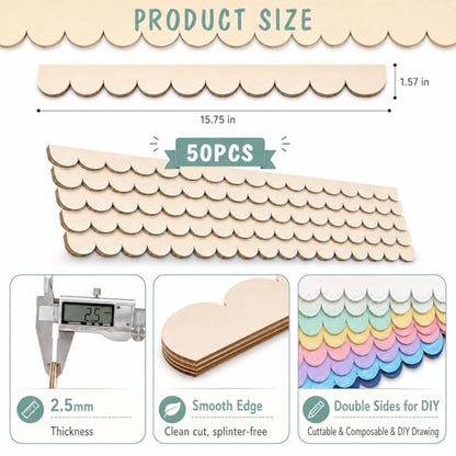 50 Pack Unfinished Scalloped Wood Trim for DIY Home