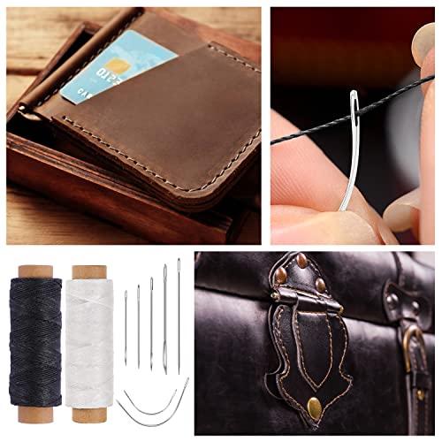 110Yards Waxed Thread with 7 Pcs Leather Needles for Hand Sewing - color: Black+White