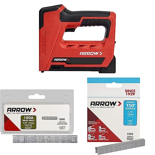 Arrow ET501C Cordless 5-in-1 Professional Staple and Nail Gun & 18-Gauge Steel Brad Nails for Molding, Cabinets, Framing, Trim, and Finishing, 1000 Pack & Heavy Duty T50 1/2-Inch Staples, 1250-Pack