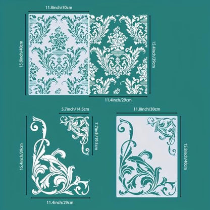 2Pcs Brocade Floral Wall Stencils Template Reusable Spray PaintStencils for Craft Painting on Wood Craft Canvas Walls Wood Furniture Decorations DIY Scrapbooking, kbatuo-001
