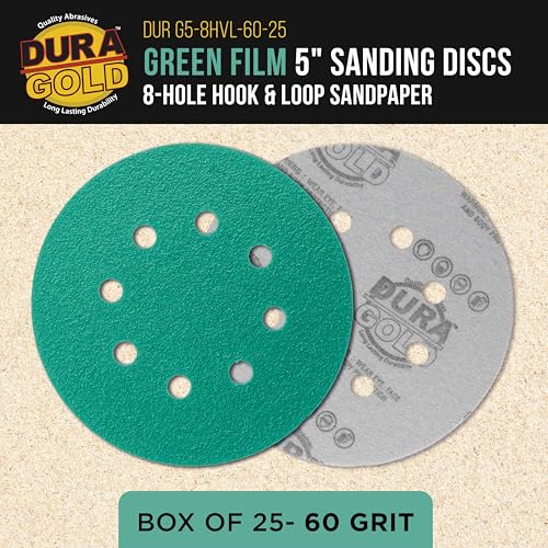 Dura-Gold 5" Green Film Sanding Discs, 60 Grit, 8-Hole, Box of 50, H & L - style: 60 Grit