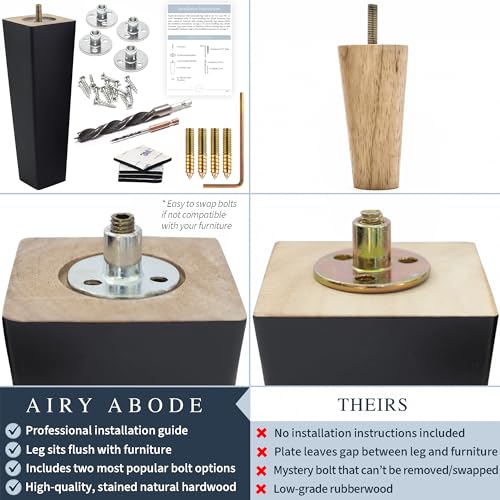 Airy Abode Premium Black Square Furniture Legs (Full Install Kit) - Pick Your Size and Color - color: Black, size: 5 Inches