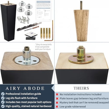Airy Abode Premium Black Square Furniture Legs (Full Install Kit) - Pick Your Size and Color - color: Black, size: 12 Inches