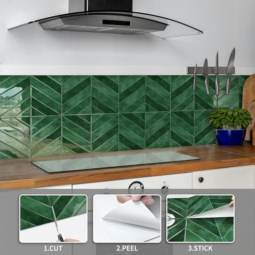 10-Sheet Herringbone Peel and Stick Backsplash Tiles, Green - color: Green