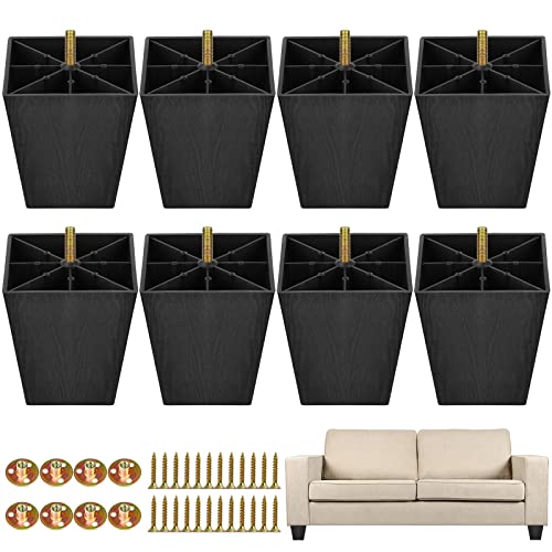 TURSTIN 8 Pack 4 Inch Furniture Legs Plastic Sofa Couch Legs Square Tapered Feet Sofa Legs with M8 T-Nuts Screws for Legs Sofas Chairs Cabinets Dressers Beds, Black - size: 4 Inches