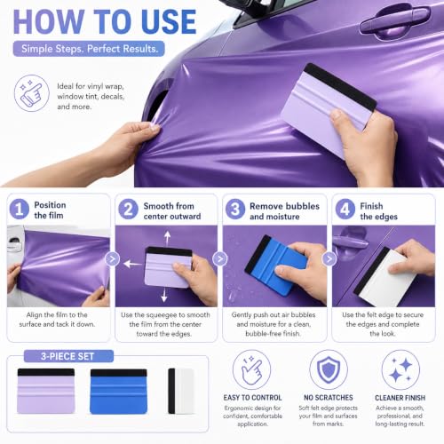 3 Pcs Durable Felt Edge Vinyl Squeegee Tool - Car Squeegee Decal Soft Vinyl Wrap Window Tint Application Tool - color: Squeegee