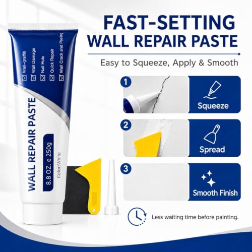 Efficient Drywall Repair Kit with Scraper, Wall Mending Agent White Spackle for Holes & Cracks, Fast Dry Wall Repair Paste for Dents, Tile Gap Filler, Complete Wall Repair Kit Indoor Outdoor (2PC)