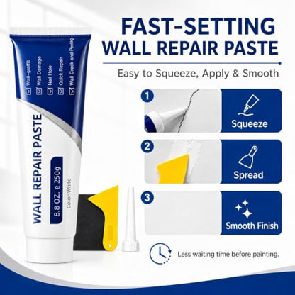 Efficient Drywall Repair Kit with Scraper, Wall Mending Agent White Spackle for Holes & Cracks, Fast Dry Wall Repair Paste for Dents, Tile Gap Filler, Complete Wall Repair Kit Indoor Outdoor (2PC)