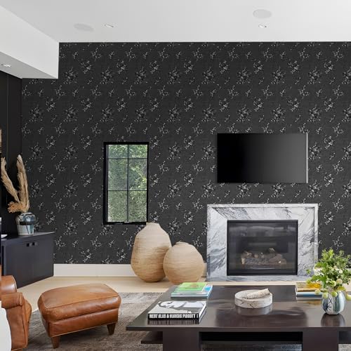 17.3"x590.5" Black Peel and Stick Wallpaper Modern Floral Contact Paper - color: Black, size: 17.3" x 590.5"