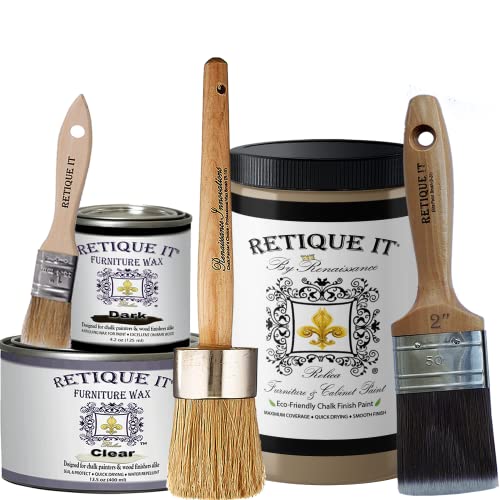 Retique It Chalk Furniture Paint by Renaissance Deluxe Starter Kit, Wax, 12 French Beige, 8 Piece Set - color: 12 French Beige