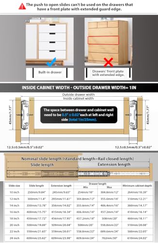 Push to Open Drawer Slides 1 Pair Full Extension 12 14 16 18 20 22 24 inch Side Mount Pull Out Kitchen Cabinet Rails Bracket Replacement Ball Bearing (Push to Open-1 Pair, 20 Inch) - color: Push To Open-Black, size: 20 Inch