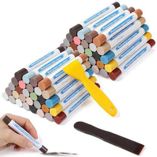 60+2 Pcs Wood Filler Sticks & Wood Crayons for Scratches, 30 Colors Wax Repair Kit with 2 Scrapers for Furniture, Floors, Cabinets, Baseboards - Quick & Easy Touch Up