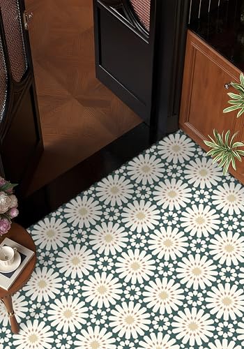 MORCART 20PCS 7.87" x 7.87" Peel and Stick Floor Tile, Green Floral Look - color: Green