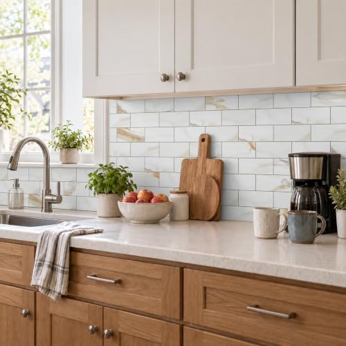 StyloVue 100 Pieces Peel and Stick Backsplash for Kitchen, 3" x 6" PVC Subway Tile Upgraded Calacatta Gold with Dark Gray Grout Backsplash Stick on Tile Elevate Kitchen, Bathroom, Fireplace,RV - color: Calacatta Gold