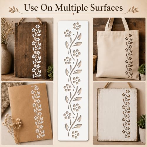 Flower Border Stencil Template - Reusable Decorative Flower Stencils for Painting on Glass, Wood, Wall Rock, Walls, Canvas, Glassware, Spray Painting, Wall Painting (3 x12)