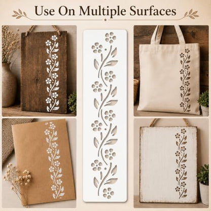 Flower Border Stencil Template - Reusable Decorative Flower Stencils for Painting on Glass, Wood, Wall Rock, Walls, Canvas, Glassware, Spray Painting, Wall Painting (3 x12)