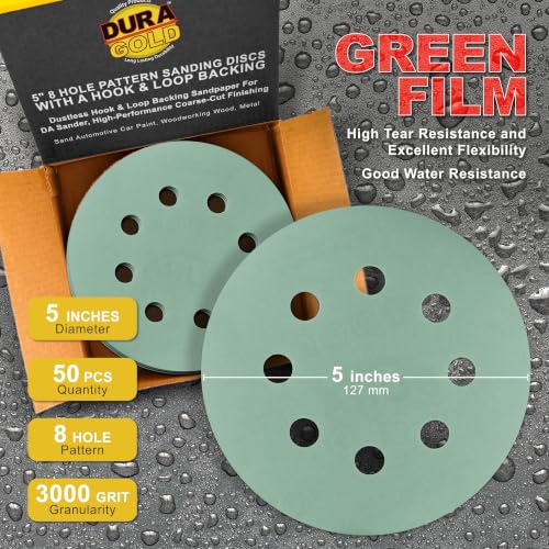 Dura-Gold 5" Green Film Sandpaper Discs, 3000 Grit, 8 Hole Pattern 50 Discs - size: 3000-Grit - Green Film