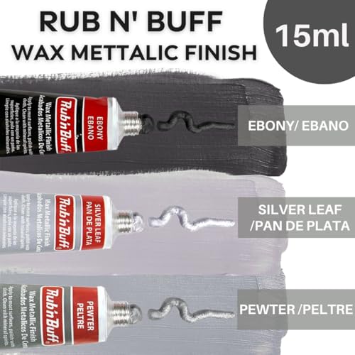 Rub 'n Buff Silver Tones and Pixiss Wax Brushes - 15ml of Silver Leaf, Pewter, Ebony - Gilding Wax Paint with Customizable Sheen - Dries Quick to a Metallic Finish - Round and Flat Boar Hair Bristles - color: Silver Leaf, Pewter, Ebony