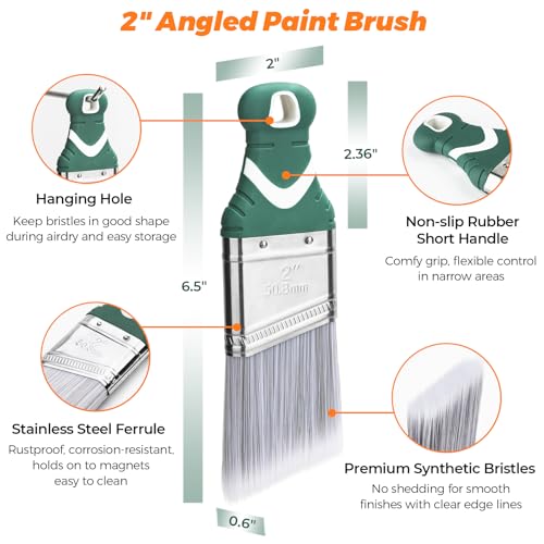 9 Pack 2" Angled Paint Brush Set, Synthetic Bristles, Rubber Short Handle - size: 2 Inch Angled, 9 Pack