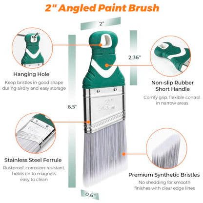9 Pack 2" Angled Paint Brush Set, Synthetic Bristles, Rubber Short Handle - size: 2 Inch Angled, 9 Pack
