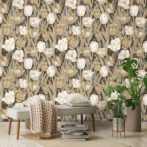 Tulip Retro Flower Wallpaper，17.71 "x 118.1" Golden Aesthetic Contact Paper Waterproof Vinyl Wallpaper for Kitchen Backsplash Bathroom Cabinet - color: flower-07, size: 17.7" x 118.1"